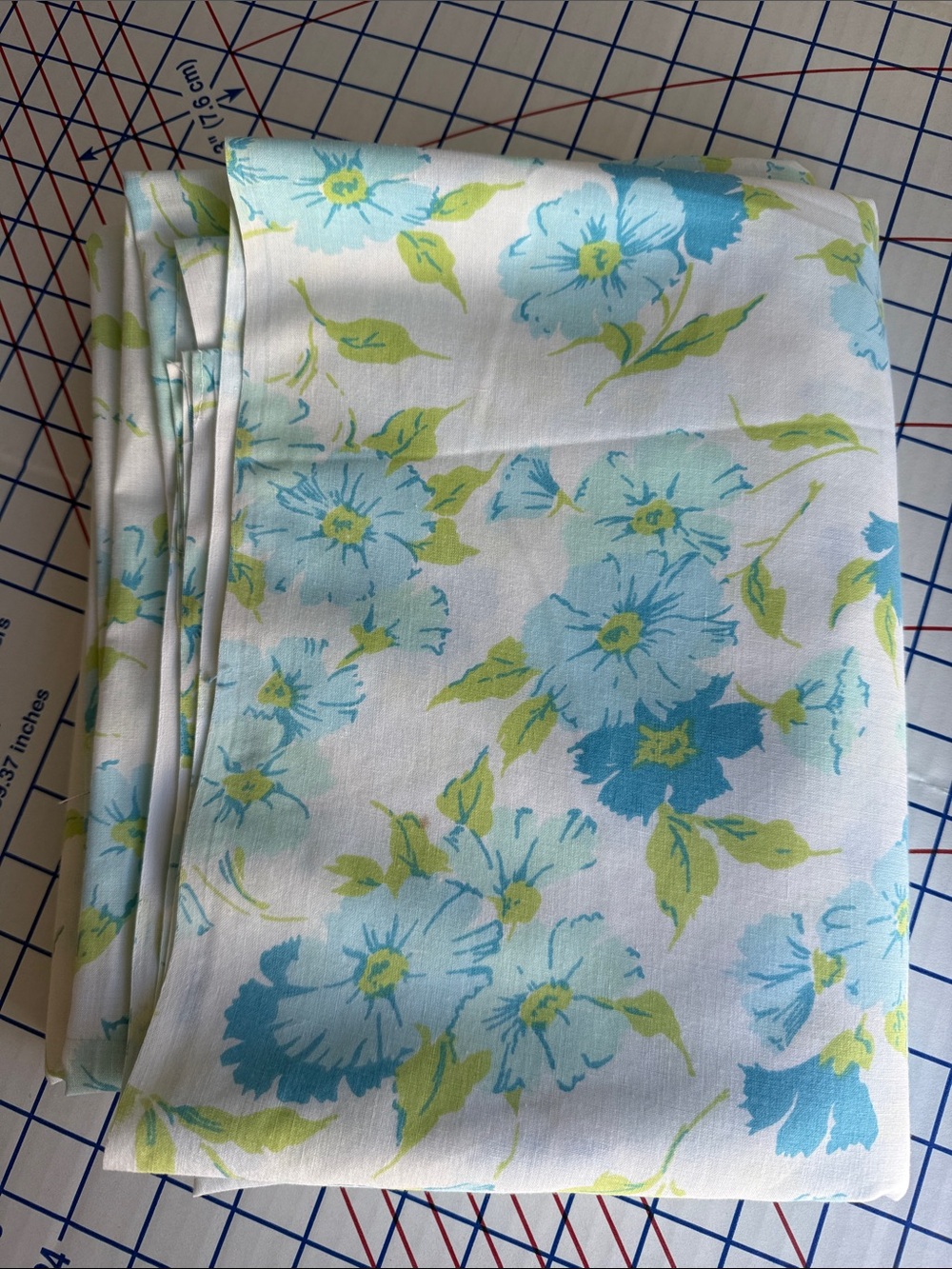 Vintage JCPenney Penn-Prest Blue Floral Fabric Double Flat Sheet 1970s